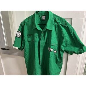 Enyce Mens Green Short Sleeve Button Down Military Patch Studded Shirt XL